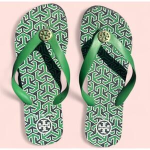 Green and Black Tory Burch Pattern Sandal Flip Flops with Gold accent